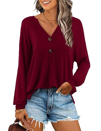 Beluring Longshirt Damen Langarm Oberteile Elegant V Ausschnitt Knopfleiste T-Shirt Weinrot M von Beluring