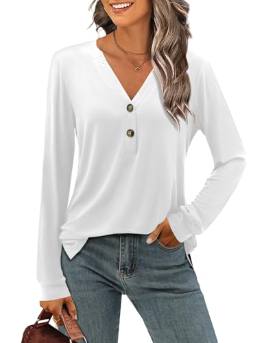 Beluring Longshirt Damen Langarm Oberteile Elegant V-Ausschnitt Locker Tunika Bluse Weiß XXL von Beluring