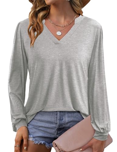 Beluring Longshirt Damen Langarm T-Shirt Lässig V-Ausschnitt Basic Top Grau M von Beluring