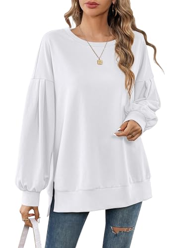 Beluring Longshirt Damen Rundhals Sweatshirt Loose Lässige Langarmshirt Schlitz Oberteile Weiß M von Beluring