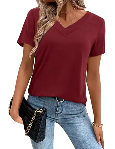 Beluring Longshirt Damen Sommer V Ausschnitt T Shirts Elegant Kurzarm Oberteile Weinrot M von Beluring