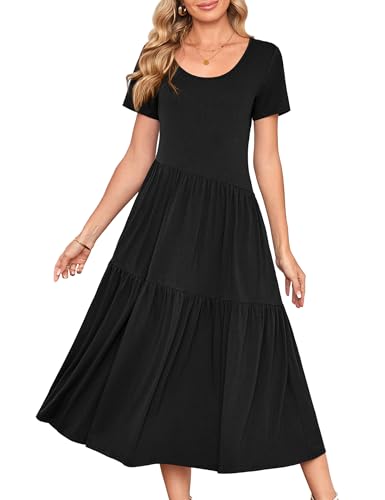 Beluring Maxikleid Damen Sommer Kurzarm Strandkleid Lässig Rundhals Plissee Shirtkleid Basic Kleider Schwarz M von Beluring