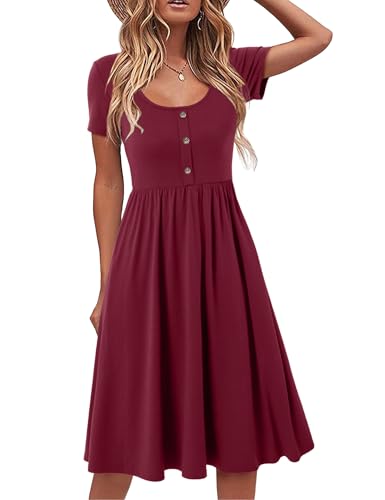 Beluring Midikleid Damen Elegant Kurzarm Kleider Rundhals Sommerkleid Tunika Kleid mit Taschen Weinrot XL von Beluring