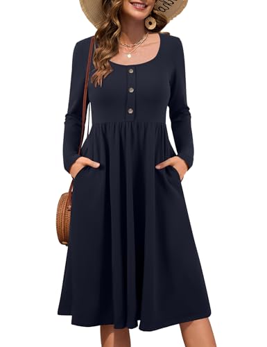 Beluring Midikleid Damen Elegant Langarm Kleider Rundhals Freizeitkleid A-Linien Tunika Kleid Marineblau S von Beluring