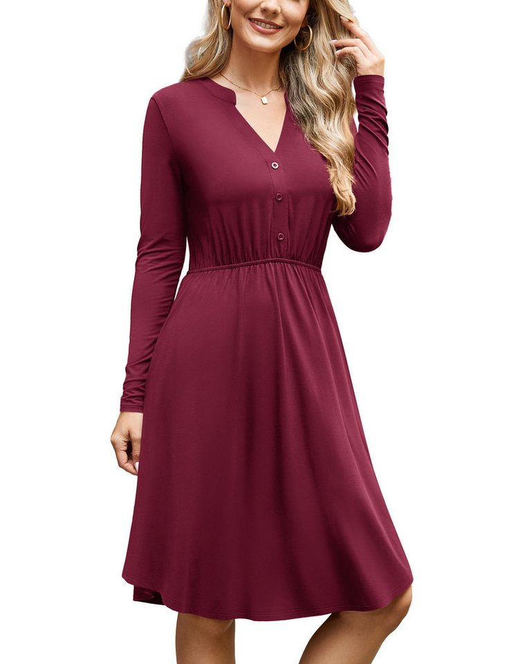 Beluring Midikleid Damen Langarm A-Linien Kleid – V-Ausschnitt, Midikleid mit Taschen von Beluring