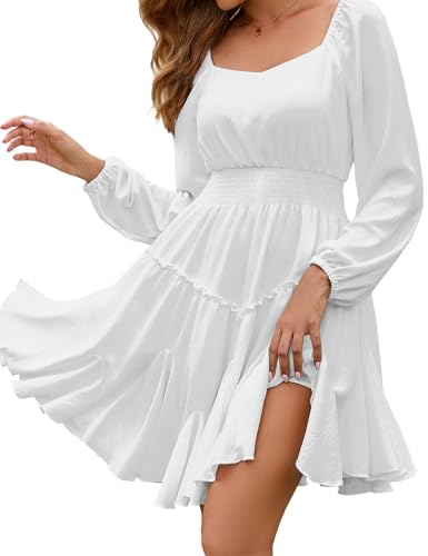 Beluring Minikleid Damen Elegant Langarm Kleider A-Linie Square Neck Tunika Kleid Hochzeitsgast Partykleid Weiß XXL von Beluring