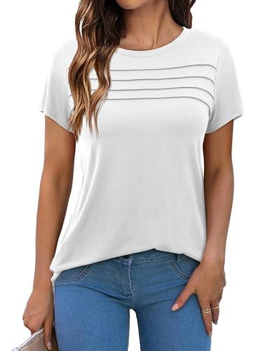 Beluring Oberteil Damen Elegant Kurzarm Basic Tshirt Lässig O-Ausschnitt Tunika Top Weiß L von Beluring