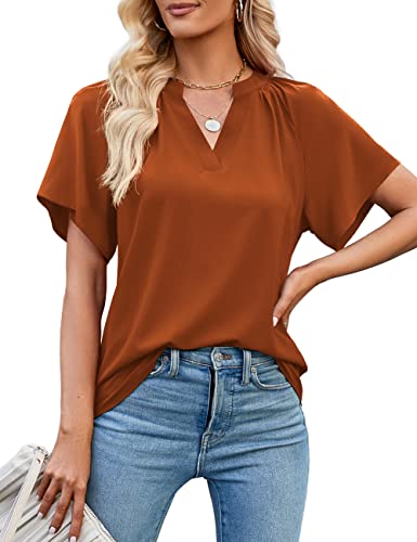 Beluring Oberteil Damen Elegant Kurzarm Casual Blusenshirt V-Ausschnitt Top Orange XL von Beluring