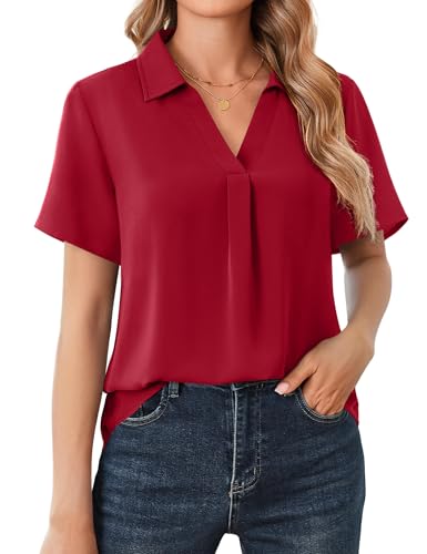 Beluring Oberteil Damen Elegant Kurzarm Shirt Longbluse V-Ausschnitt Hemdbluse Rot M von Beluring