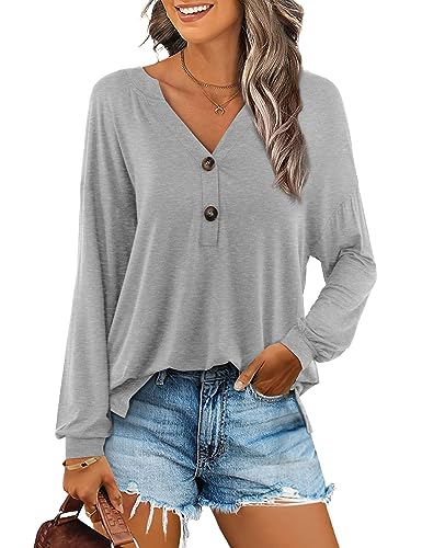 Beluring Oberteil Damen Elegante Langarm T-Shirt Lässig Basic Top Sexy V Ausschnitt Blusen Grau M von Beluring