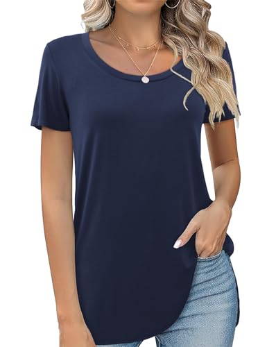 Beluring T Shirt Damen Kurzarm Rundhals Shirt Sommer Einfarbig Longshirt Navy Blue XL von Beluring