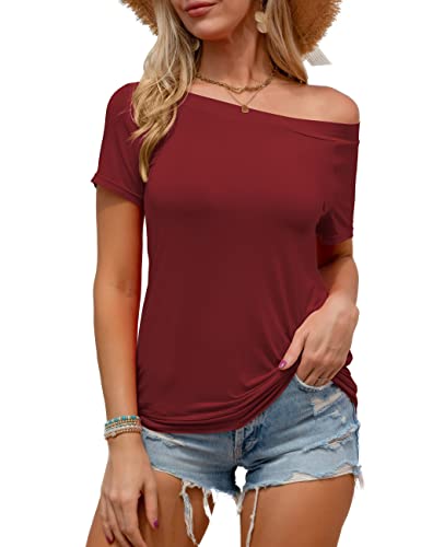 Beluring Oberteil Damen One Shoulder Kurzarm Tshirt Sexy Mode Tunika Blusen Weinrot L von Beluring