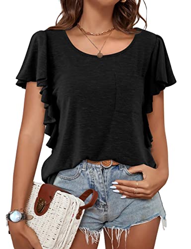 Beluring Oberteile Damen Sommer Kurzarm T-Shirts Lovely Rüsche Basic Tops Schwarz M von Beluring