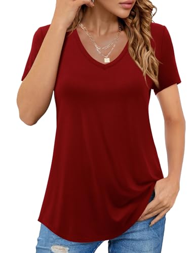 Beluring Oberteile Damen Elegant Kurzarm T-Shirt Lässig V-Ausschnitt Einfarbig Tunika Rot S von Beluring