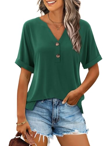 Beluring Oberteile Damen Elegant V-Ausschnitt Tshirt Sommer Kurzarm Tunika Tops Dunkelgrün XL von Beluring