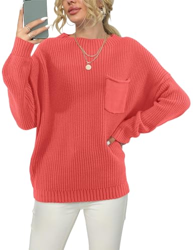 Beluring Oberteile Damen Fledermaus Langarm Pullover Sweater Rundhals Strickpullover Lässige Einfarbig Rot M von Beluring