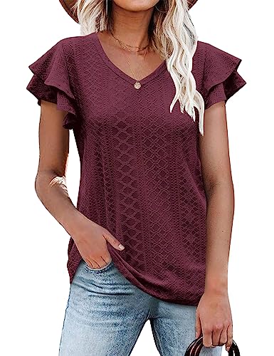 Beluring Oberteile Damen Lässig Kurzarm T-Shirts Spitze V Ausschnitt Einfarbig Bluse Top Weinrot M von Beluring