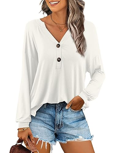 Beluring Oberteile Damen Langarm Elegant Blusen Sexy V-Ausschnitt Basic T-Shirt Weiß L von Beluring