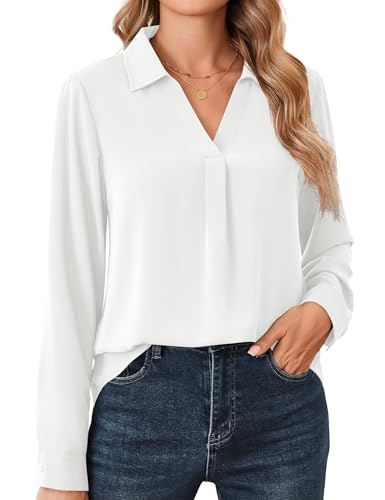 Beluring Oberteile Damen Langarm Elegant Shirt V-Ausschnitt Bluse Lässig Hemdbluse Weiß L von Beluring