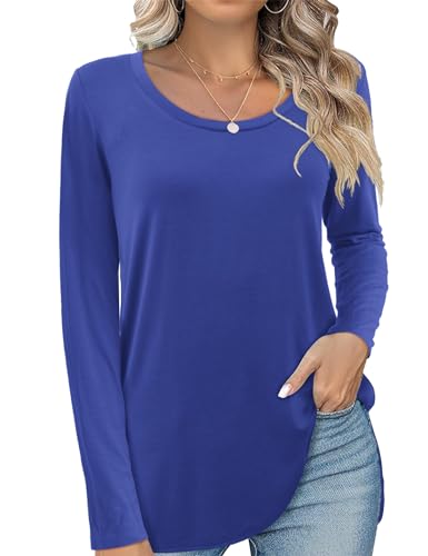 Beluring Oberteile Damen Langarm Shirt Rundhals Lässige Bluse Tunika Longshirt Blau XXL von Beluring