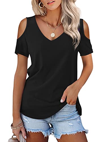 Beluring Oberteile Damen Sexy V-Ausschnitt Cold Shoulder Sommer T-Shirt Tops Schwarz L von Beluring