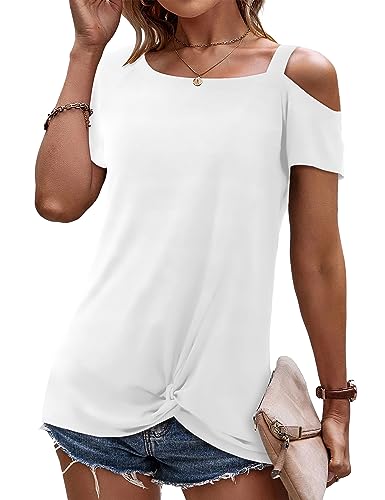 Beluring Off Shoulder Shirt Damen Sommer T-Shirt Tunika Lässige Oberteile Asymmetrisch Bluse Tops Weiß XL von Beluring