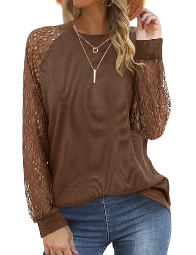 Beluring Pullover Damen Herbst Langarm Rundhals Blusen Elegant T-Shirts Braun XXL von Beluring