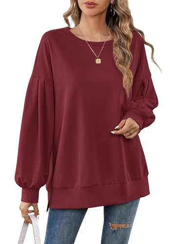 Beluring Pullover Damen Herbst Rundhals Lässig Sweatshirt Langarm Einfarbig Oberteile Weinrot XXL von Beluring