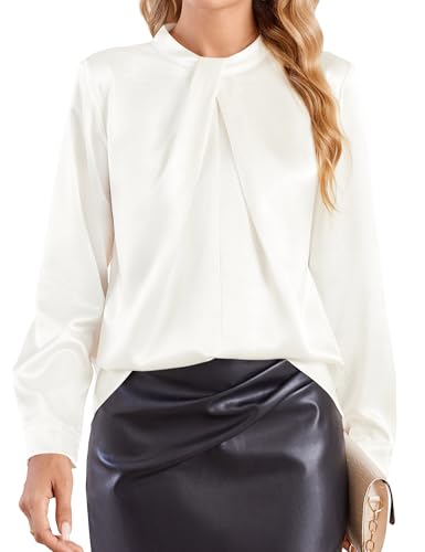 Beluring Damen Oberteile Elegant Langarm Satin Stehkragen Shirts Basic Tunika Blusen Creme XXL von Beluring