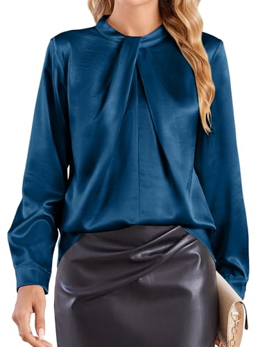 Beluring Shirt Damen Casual Satin Langarm Hemdbluse Einfarbig Bowtie Bluse Oberteile Pfauenblau XXL von Beluring