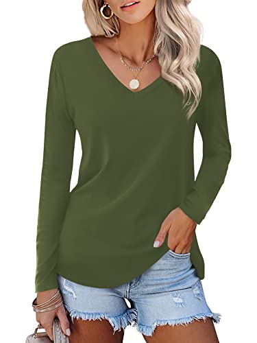 Beluring Damen Basic Langarmshirt V-Ausschnitt Mode Weiche Oberteile Olivgrün L von Beluring