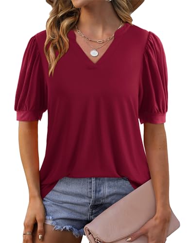 Beluring Shirt Damen Casual Kurzarm Tunika Einfarbig Puffärmel T-Shirt Burgundisch XL von Beluring