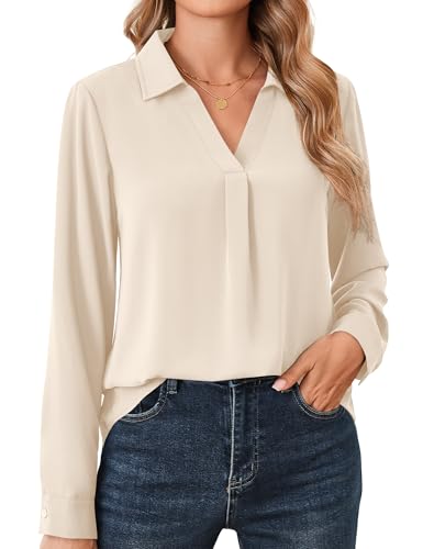 Beluring Shirt Damen Elegant Langarm Tunika Blusen V-Ausschnitt Plissee Hemdbluse Creme L von Beluring