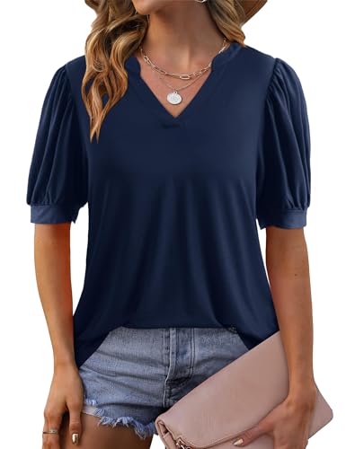 Beluring Shirt Damen Elegant V-Ausschnitt Top Casual Kurzarm Basic Tshirt Marineblau L von Beluring