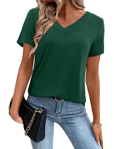 Beluring Shirt Damen Kurzarm Elegant Oberteile V-Ausschnitt Basic T-Shirts Dunkelgrün M von Beluring