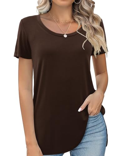 Beluring Longshirt Damen Elegant Kurzarm Oberteile Sommer Rundhals T-Shirt Braun XXL von Beluring