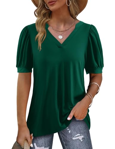 Beluring Shirt Damen Lässig Kurzarm Tunika Einfarbig Puffärmel T-Shirt Dunkelgrün XL von Beluring