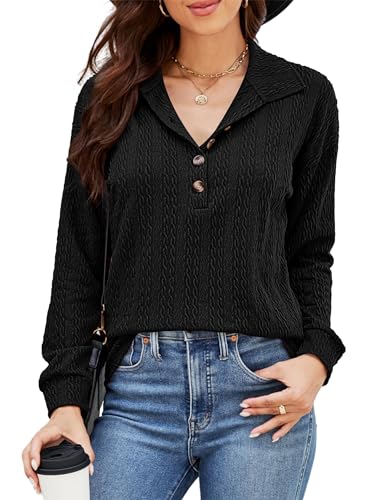 Beluring Shirt Damen Oberteile Casual Langarm Basic T-Shirt Loose Revers Hemdbluse Schwarz XL von Beluring