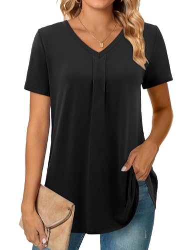 Beluring Shirt Damen Sommer Kurzarm Tshirt V-Ausschnitt Plissiert Oberteile Tunika Schwarz XL von Beluring