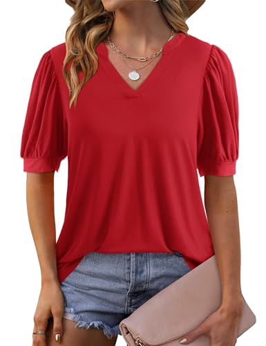 Beluring Shirt Damen Sommer V Ausschnitt Tshirt Casual Kurzarm Basic Blusen Rot S von Beluring