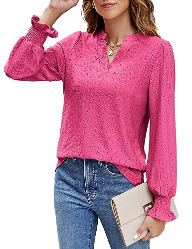 Beluring Shirt Damen V Ausschnitt Oberteile öse Locker Spitzen Langarm Tunika Blusen Rosenrot XXL von Beluring