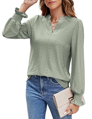 Beluring Shirt Langarm Damen Elegant Oberteile V-Ausschnitt T-Shirt Masche Blusen Grün L von Beluring