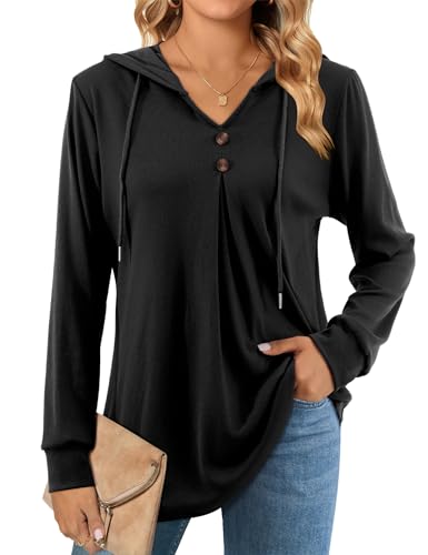 Beluring Shirt Langarm Damen Sweatshirt mit Kapuze Kordelzug Oberteile Casual V-Ausschnitt Longshirt Schwarz L von Beluring