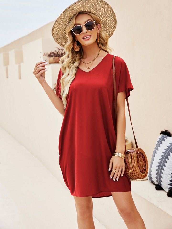 Beluring Shirtkleid Sommerkleid Damen mit V-Ausschnitt, Taschen & lockerem Schnitt Lässig Shirtkleid mit Taschen Elegant Kleider Sommer Strandkleid von Beluring