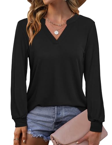 Beluring Shirts Damen Herbst Langarm Oberteile Elegant V Ausschnitt Locker Basic Tshirt Schwarz XXL von Beluring