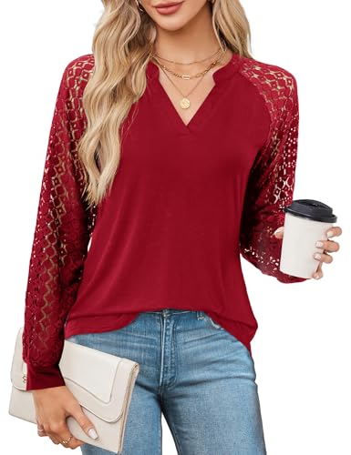Beluring Shirts Damen Lässig Langarm Oberteile V-Ausschnitt Spitze Longshirt Weinrot XXL von Beluring