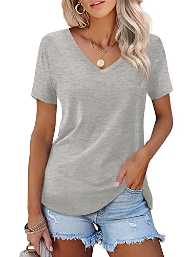 Beluring Simple Basic Kurzarm T-Shirt für Damen Casual V-Ausschnitt Tops Grau M von Beluring