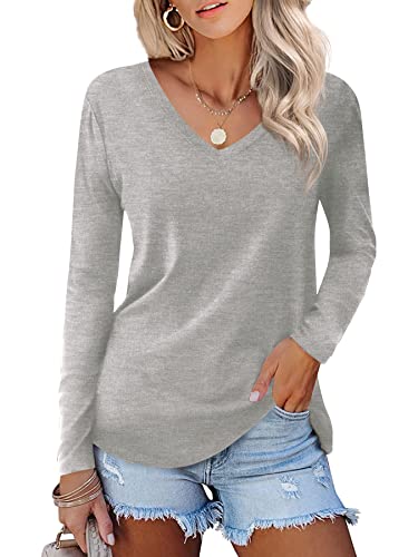 Beluring Simple Basic Langarm T-Shirt für Damen Casual V-Ausschnitt Tops Tunika Bluse Grau M von Beluring