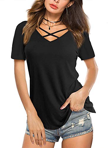 Beluring Sommer Damen Kurzarm T-Shirt Criss Cross Oberteile Einfarbig Shirts Schwarz XL von Beluring