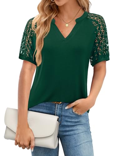 Beluring Sommer Oberteile Damen Sexy V-Ausschnitt Tunika Shirt Elegant Kurzarm Tshirt Dunkelgrün XL von Beluring